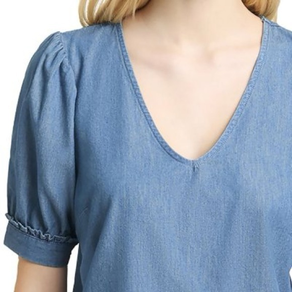 NWT Draper James 100% Cotton Chambray V Neck Puff Sleeve Blouse - Picture 6 of 7